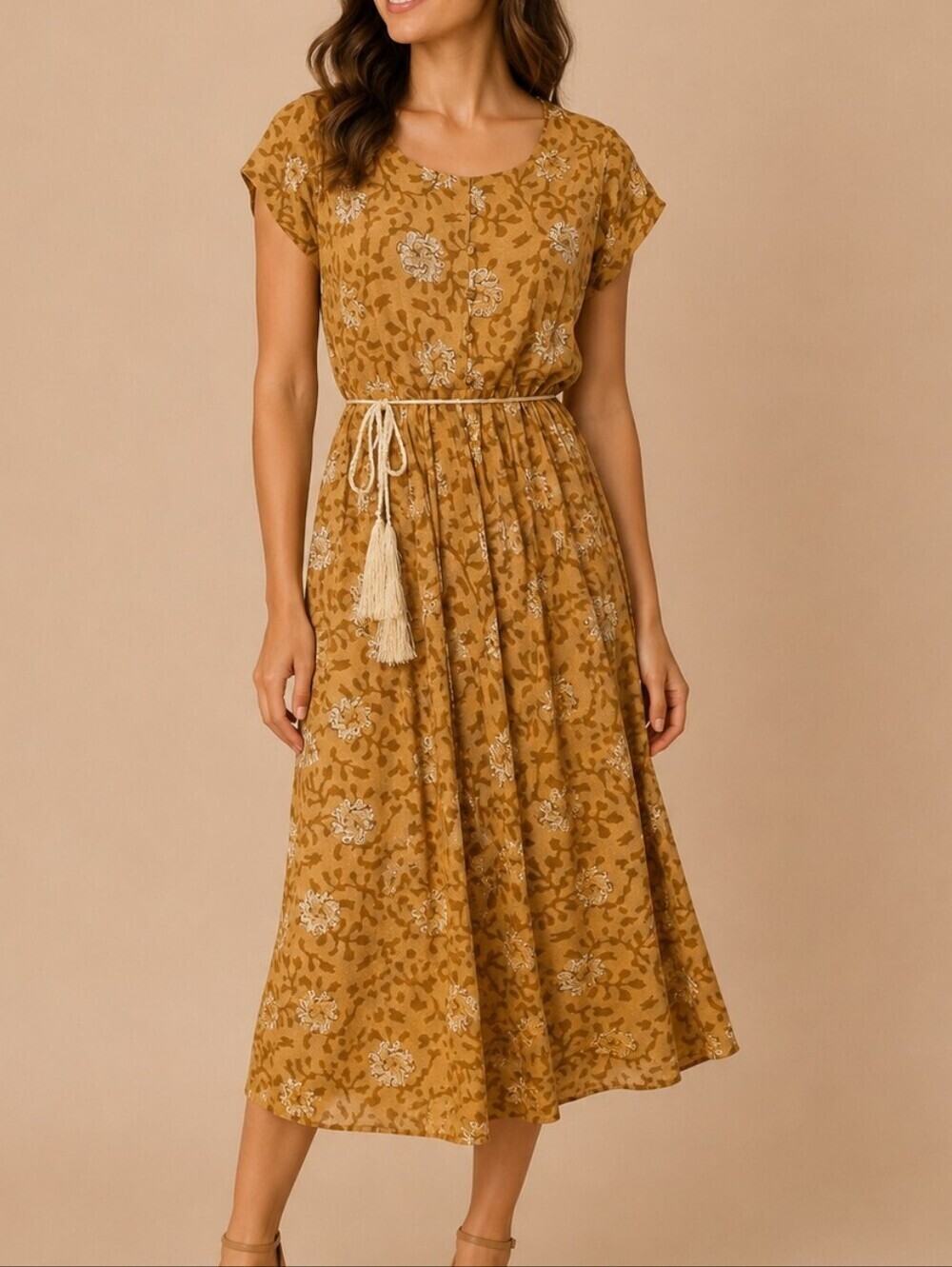 SOCH Indian Tan and White Floral Metallic Linen Midi Dress with Tassel Tie
